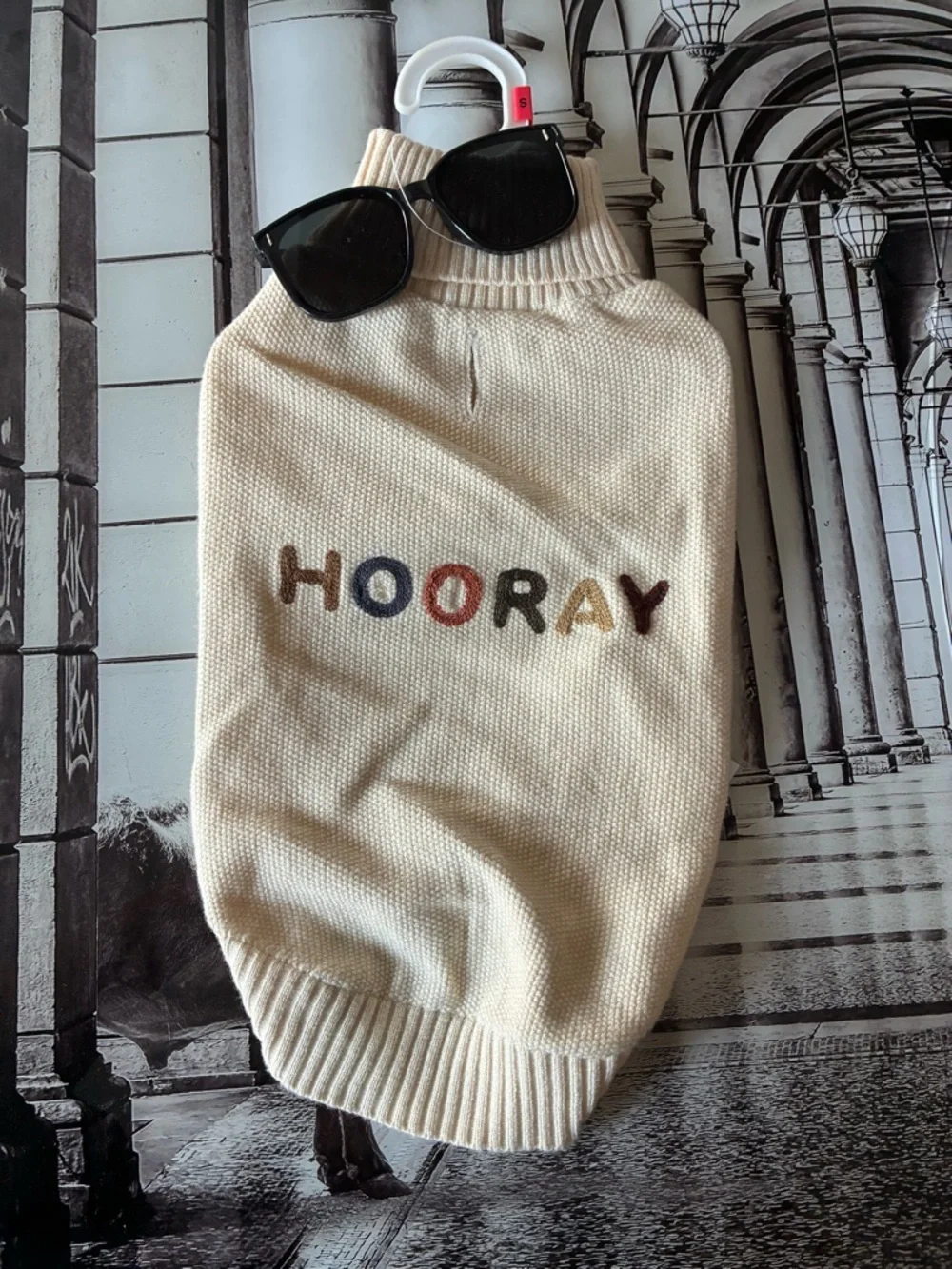 Cream 'HOORAY' Knit Pet Sweater + Light Blue Floral Pinafore Dress Set
